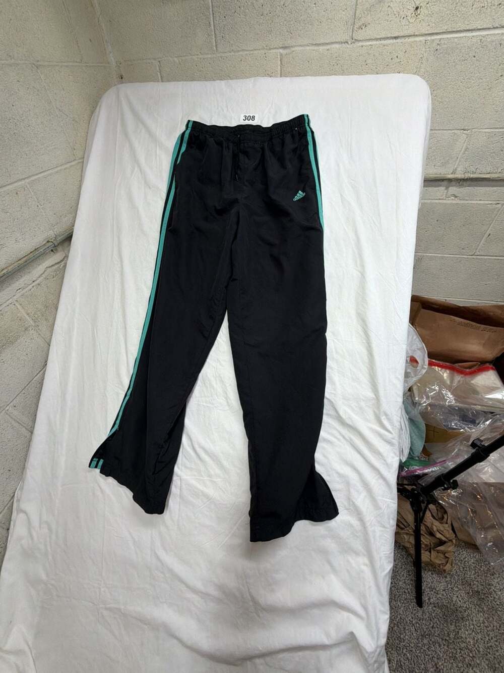 Adidas Vintage Black Track Pants with Teal 3-Stripes and Zippers Size L